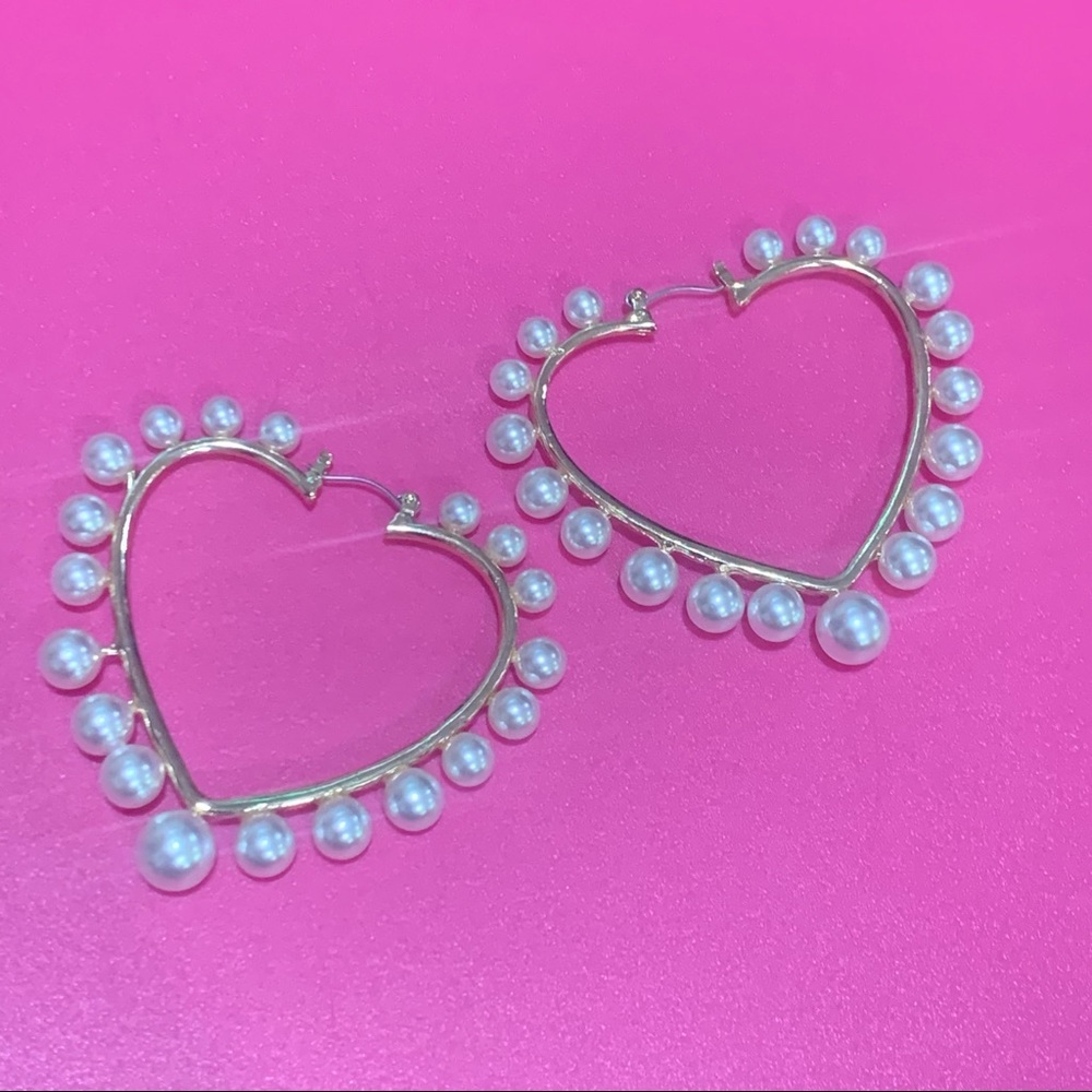 gold pearl heart hoop earrings